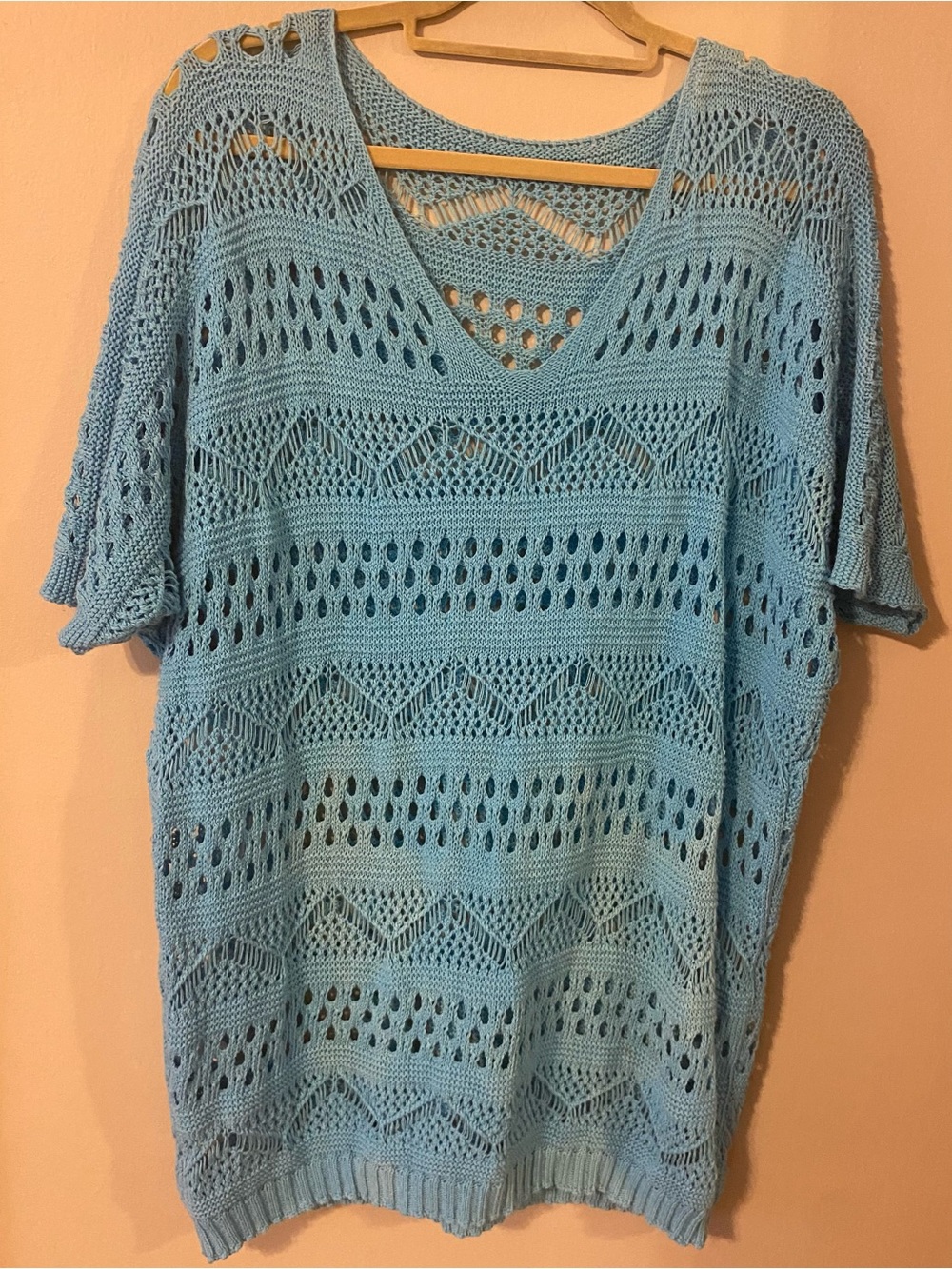 Turquoise Lt blue Italian cotton crochet short sleeve pullover relaxed fit L/XL